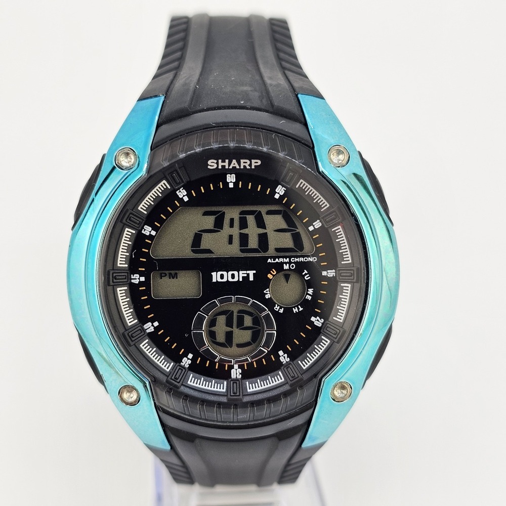 Sharp Men's Digital Watch 45MM Black Plastic Bands‎ New Battery LIGHT VERY WEAK